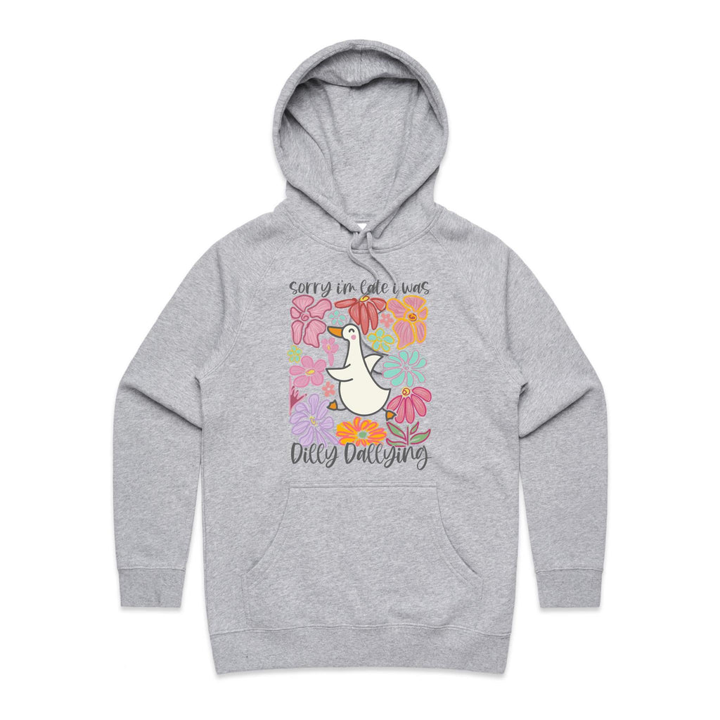 Sorry I'm Late, I Was Dilly Dallying - Womens Hoodie Grey Marle Womens Hoodie animal Printed In Australia