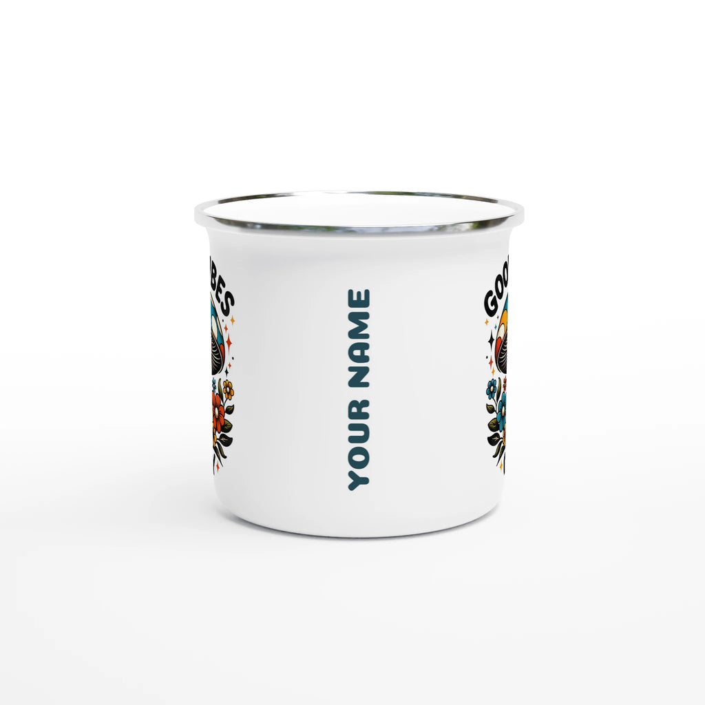 Personalised Good Vibes Only, Hippie Mushroom With Sunglasses White 12oz Enamel Mug Personalised Enamel Mug Globally Fulfilled Positivity