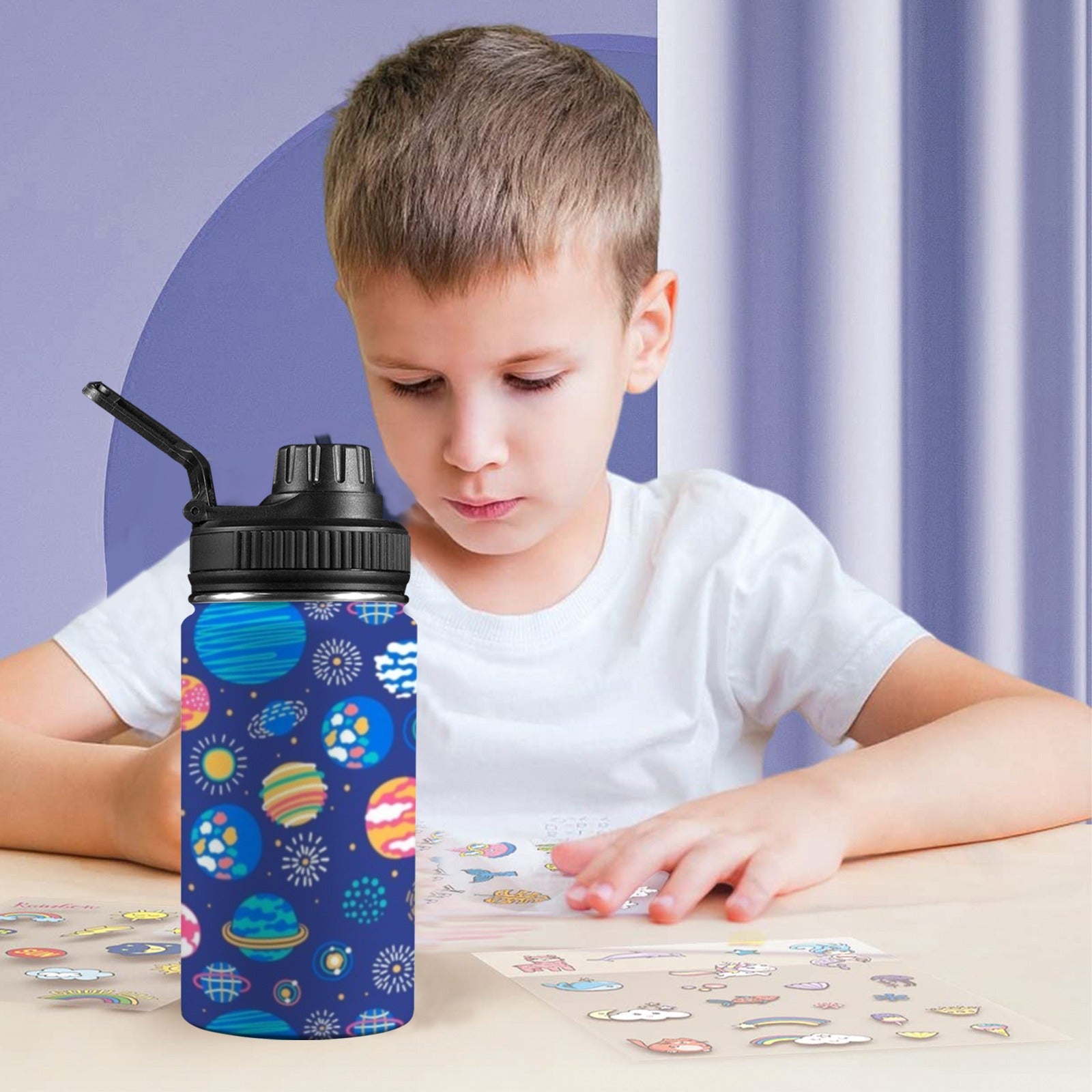 Planets On Blue Kids Water Bottle with Chug Lid (12 oz) Kids Water Bottle with Chug Lid Printed Offshore Space