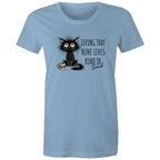 Living That nine Lives Kind Of Tired, Frazzled Cat - Womens T-shirt Carolina Blue Womens T-shirt animal Coffee Printed In Australia