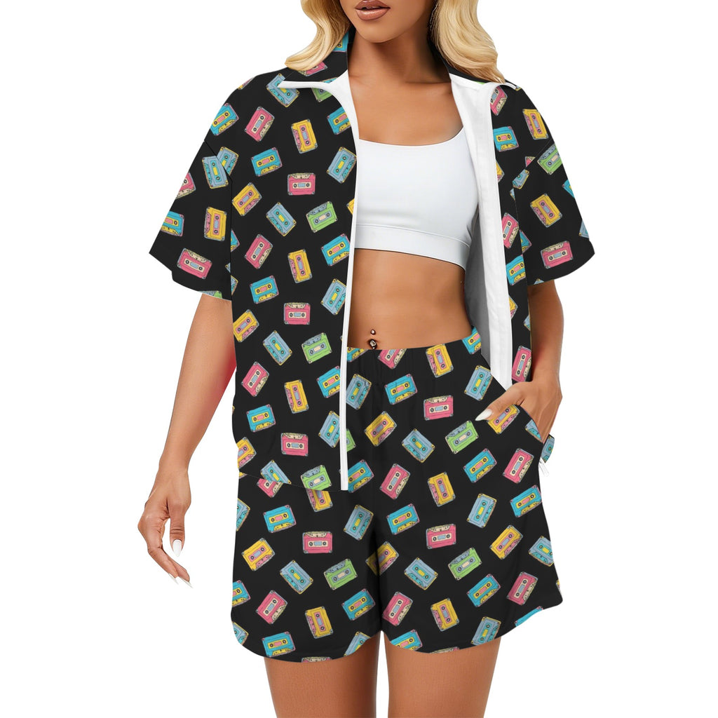 Colourful Cassettes Women's Windbreaker Short Set 2XL Women's Windbreaker Short Set Music Printed Offshore Retro