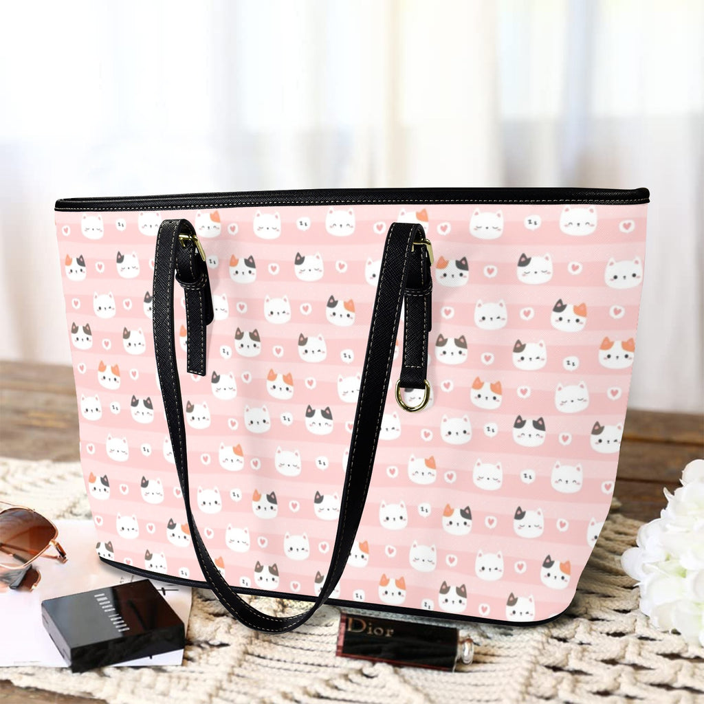 Pink Cats PU Leather Tote Bag Large Leather Tote Bag-Large animal Printed Offshore