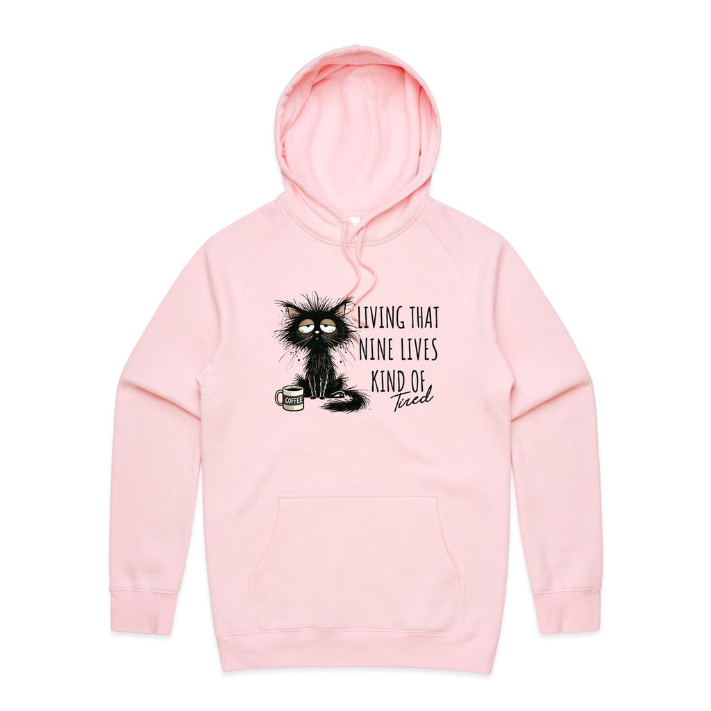 Living That Nine Lives Kind Of Tired, Frazzled Cat - Mens Hoodie Pink Mens Hoodie animal Coffee Printed In Australia