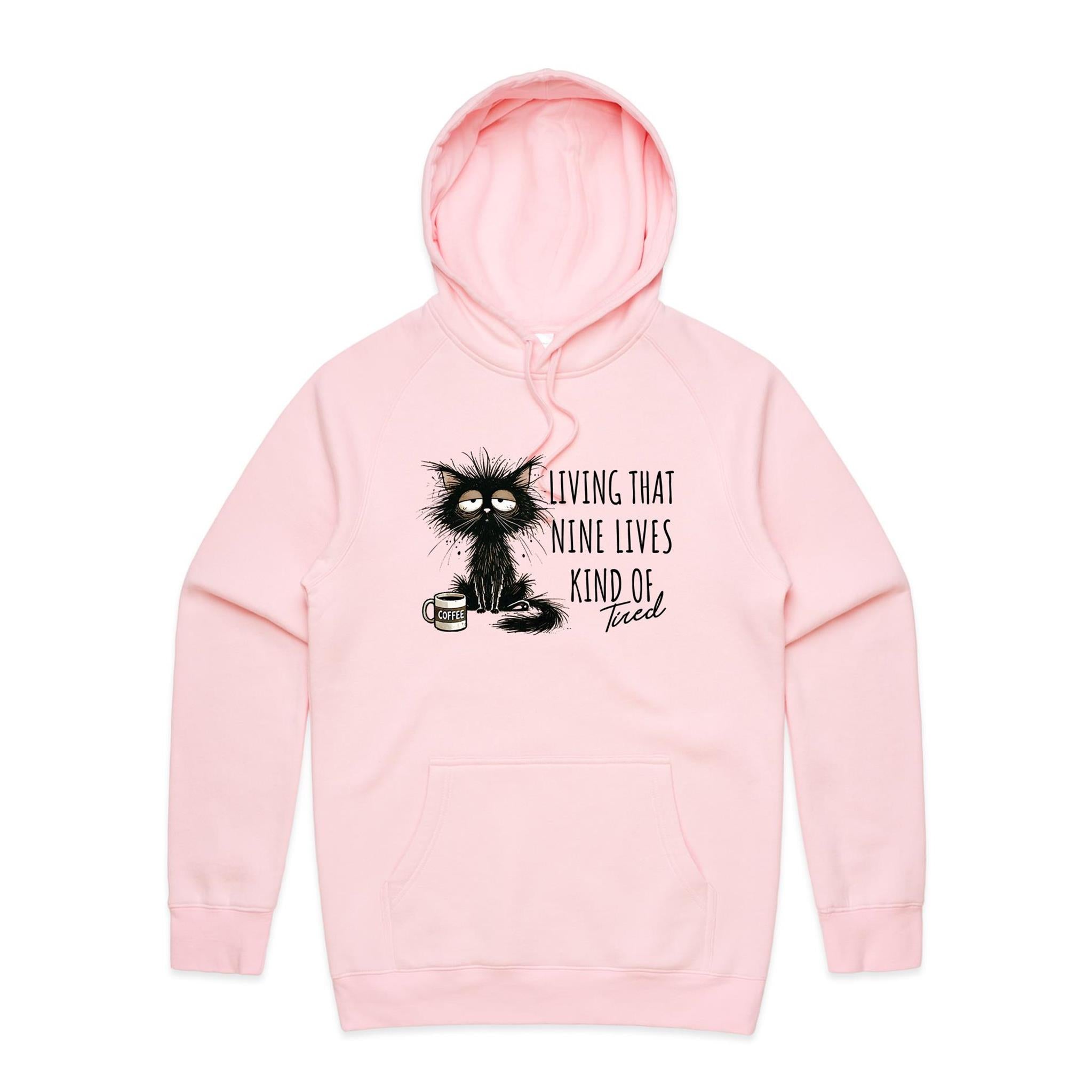 Living That Nine Lives Kind Of Tired, Frazzled Cat - Mens Hoodie Pink Mens Hoodie animal Coffee Printed In Australia