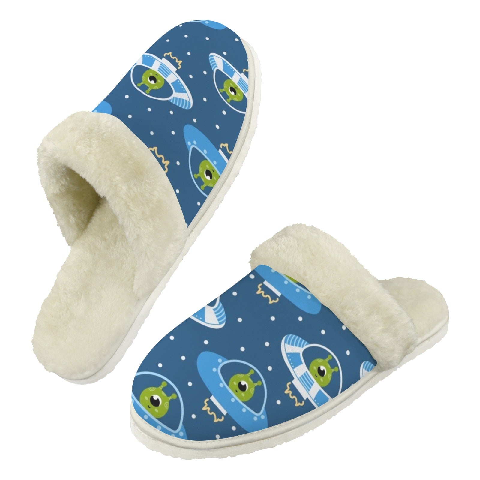 Cute Aliens in UFOs Men's Fur Trim Thick-Sole Indoor Slippers 2XL Men's Fur Trimmed Slippers Printed Offshore Sci-Fi