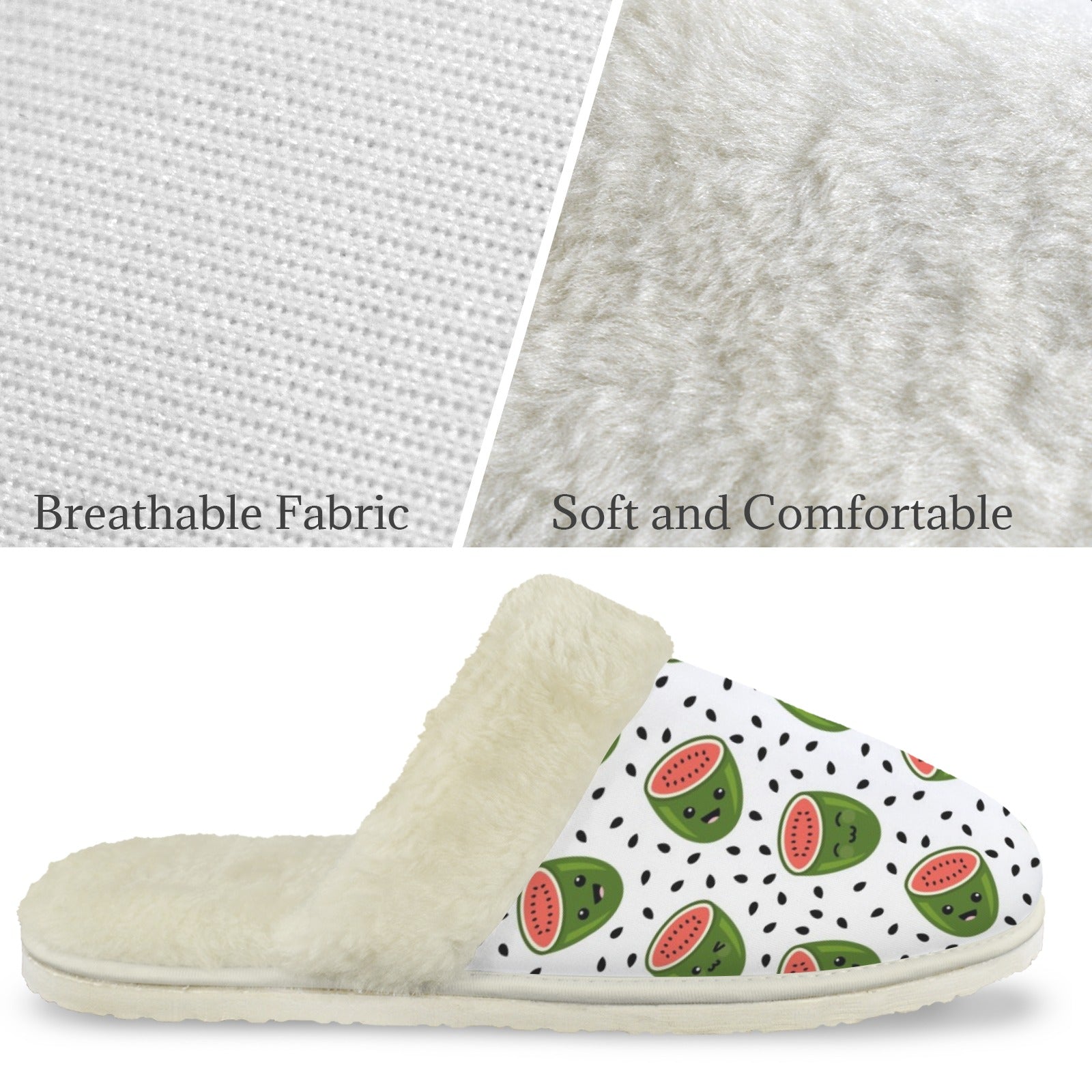 Happy Watermelons Men's Fur Trim Thick-Sole Indoor Slippers Men's Fur Trimmed Slippers Food Printed Offshore
