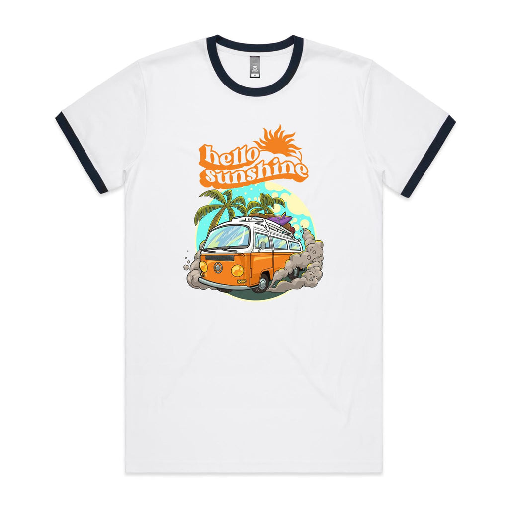 Hello Sunshine, Beach Van - Staple Ringer Tee White Navy Ringer T-Shirt Printed In Australia Summer Surf