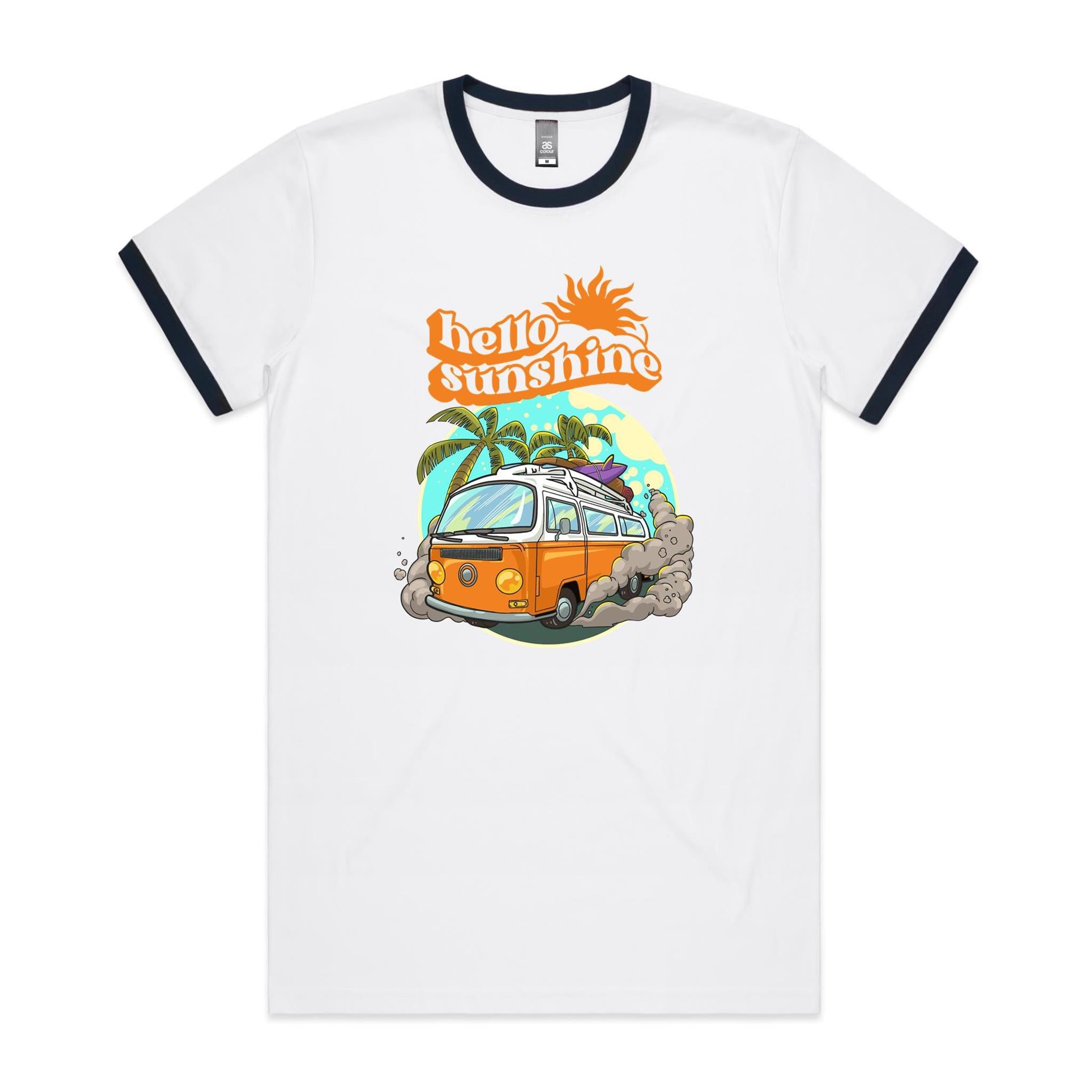 Hello Sunshine, Beach Van - Staple Ringer Tee White Navy Ringer T-Shirt Printed In Australia Summer Surf