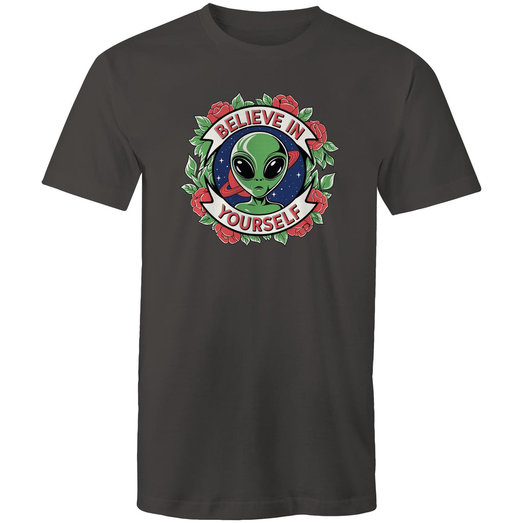 Believe In Yourself, Alien - Mens T-Shirt Charcoal Mens T-shirt Motivation Positivity Printed In Australia Sci Fi