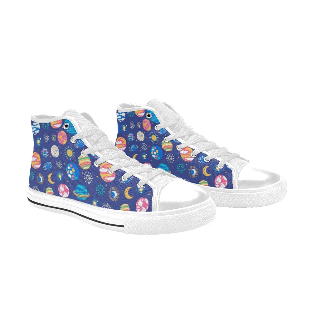 Planets On Blue Men's High Top Canvas Shoes Men's Classic High Top Canvas Shoes Printed Offshore Space