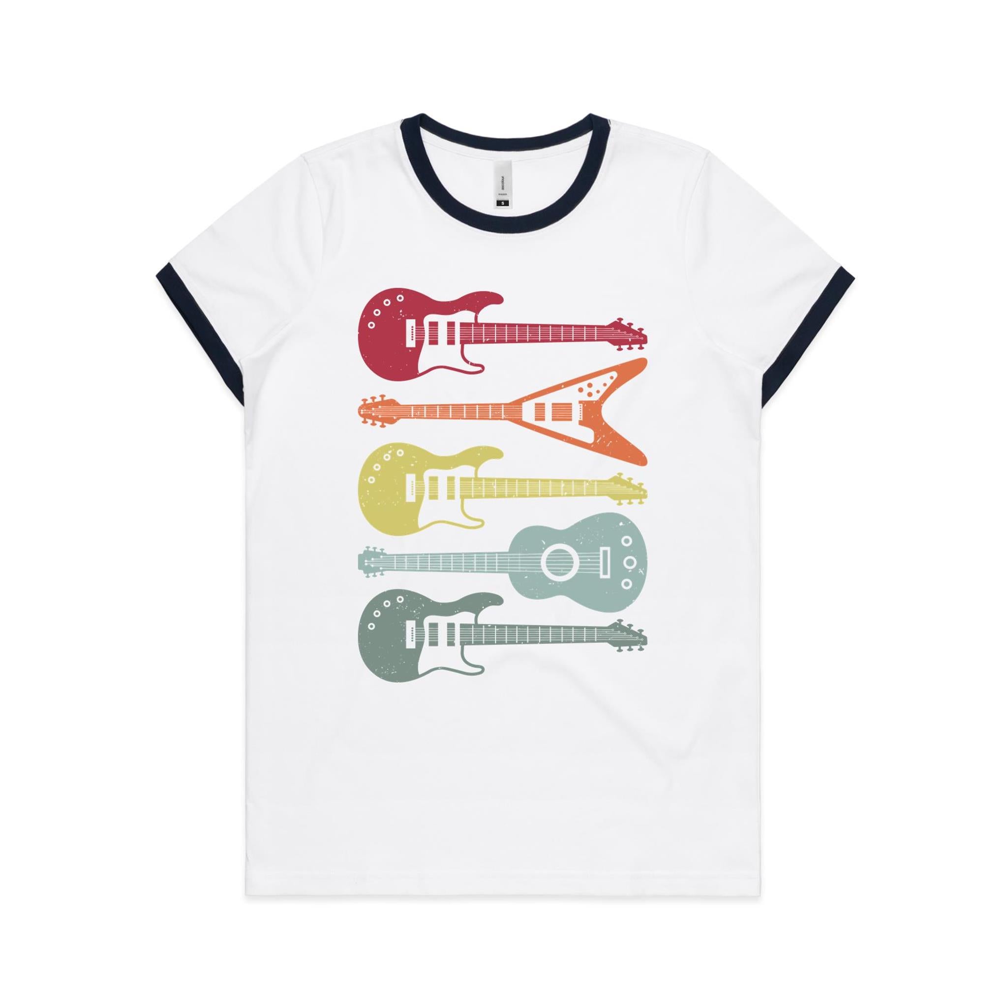 Retro Guitars - Women's Ringer Tee White Navy Womens Ringer T-shirt Music Printed In Australia