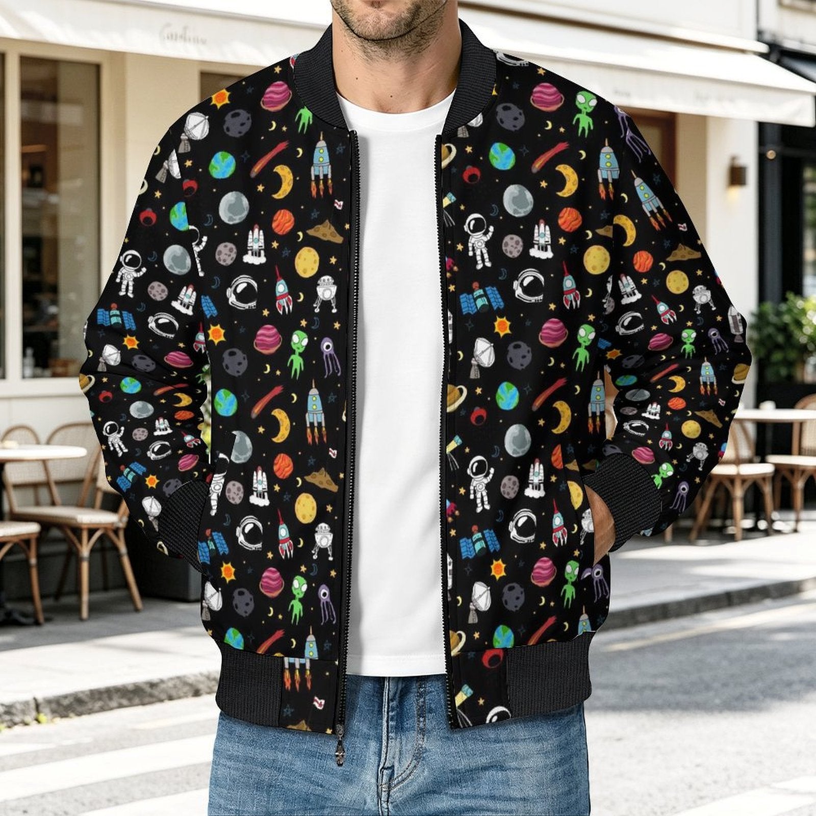 Fun Space Men's Casual Zip‑Up Bomber Jacket