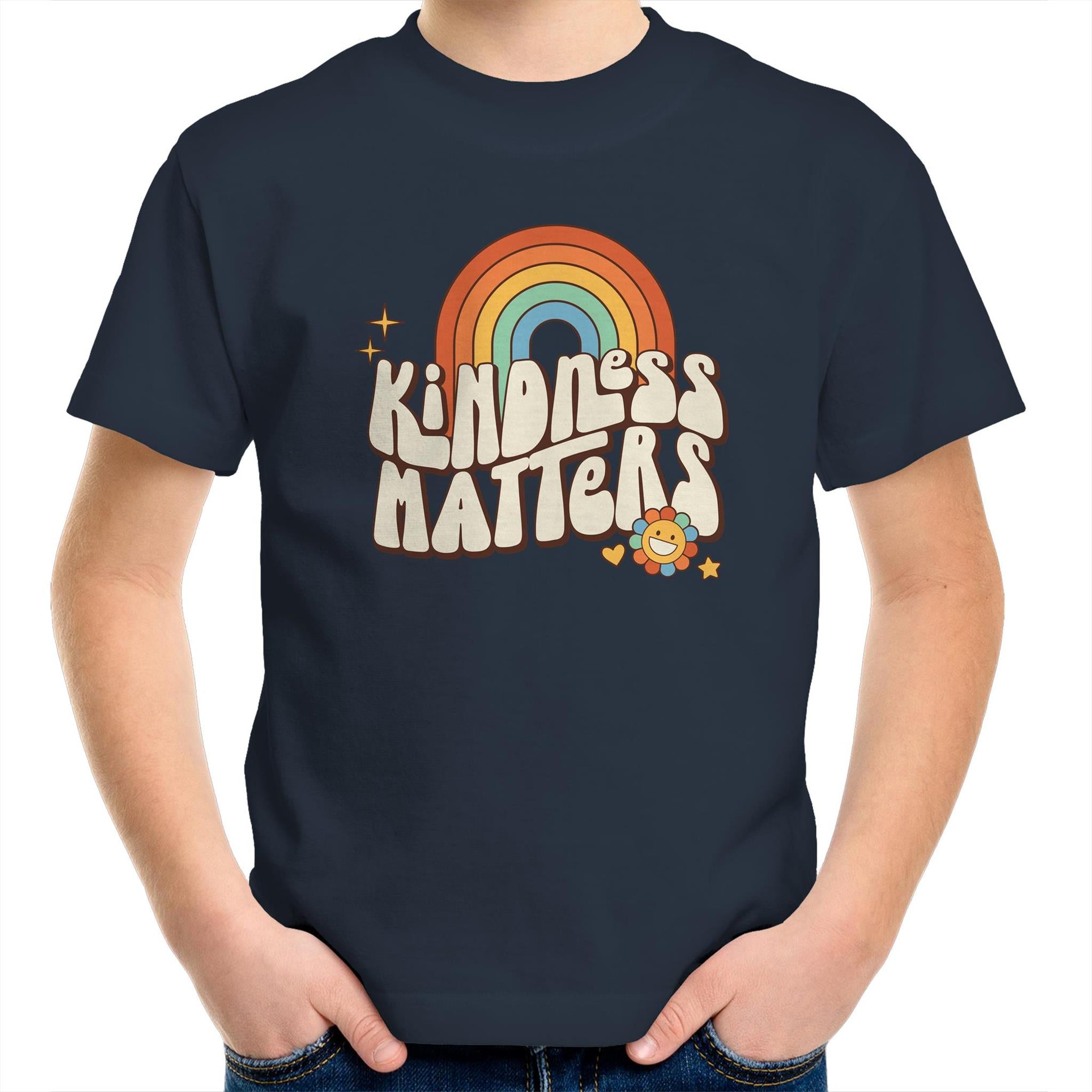 Kindness Matters - Kids Youth T-Shirt Navy Kids Youth T-shirt Kindness Positivity Printed In Australia Retro