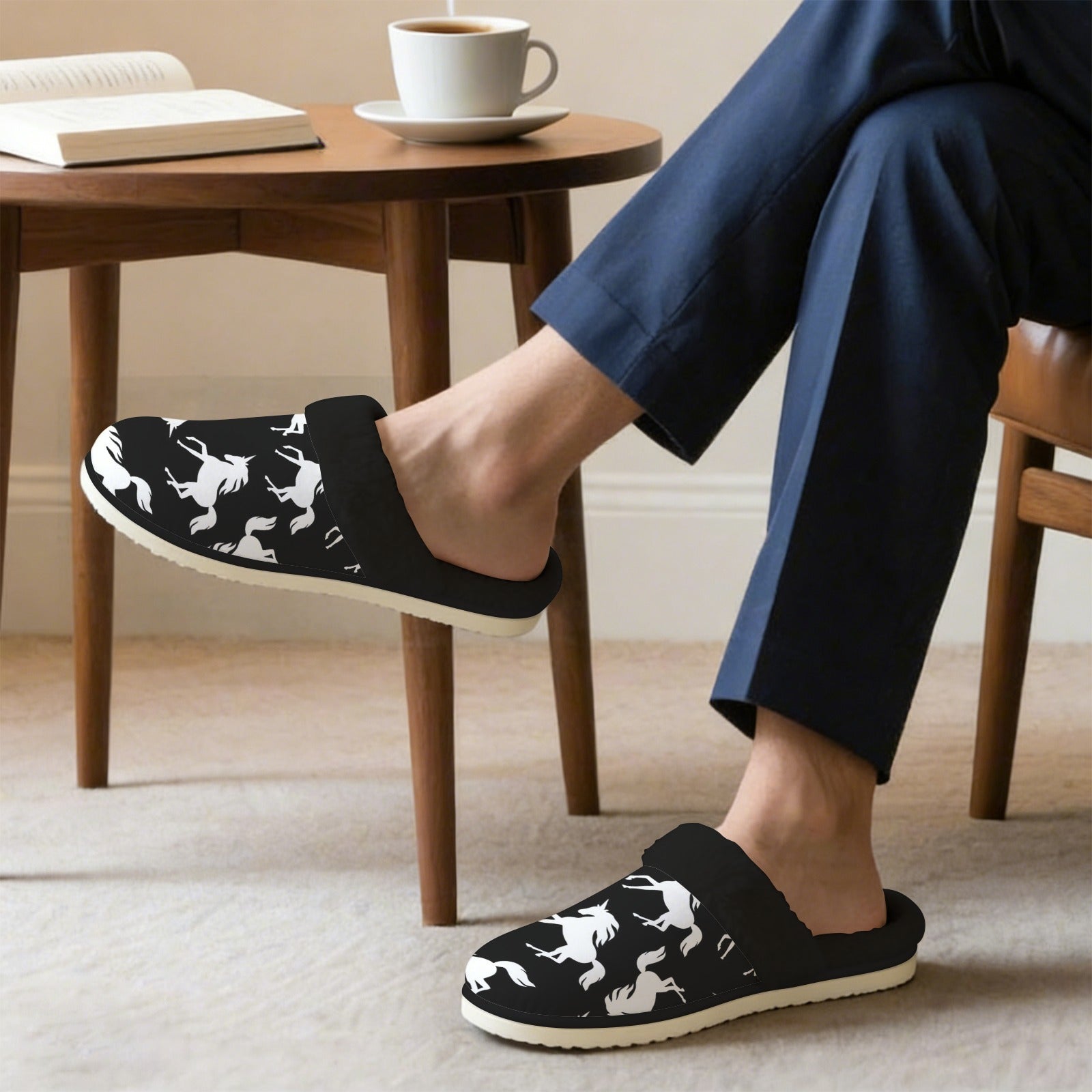 Black And White Unicorn Men's Fur Trim Thick-Sole Indoor Slippers Men's Fur Trimmed Slippers animal Printed Offshore