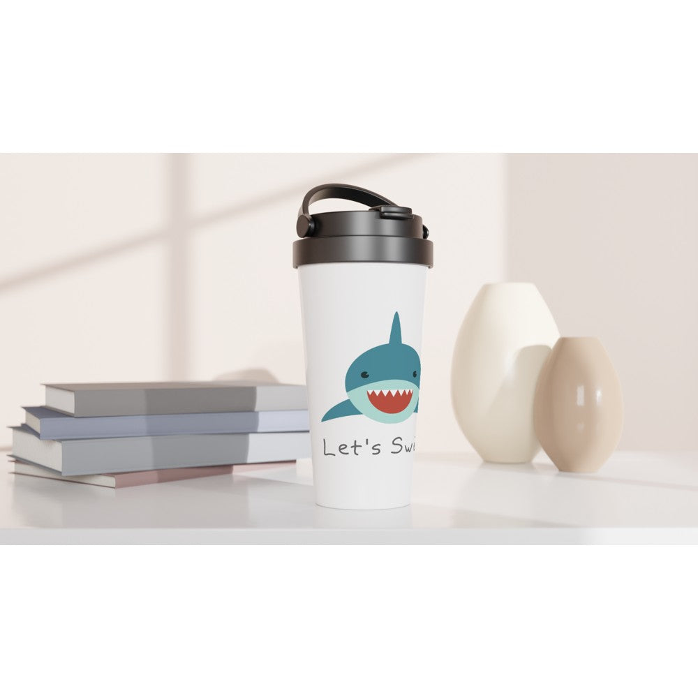 Let's Swim - White 15oz Stainless Steel Travel Mug Travel Mug Coffee funny Globally Fulfilled