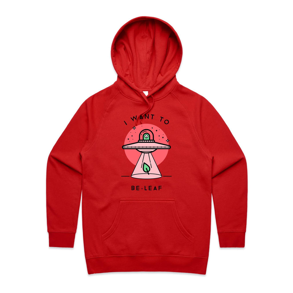 I Want To Be-Leaf, UFO - Womens Hoodie Red Womens 2XL Womens Hoodie Printed In Australia Sci Fi