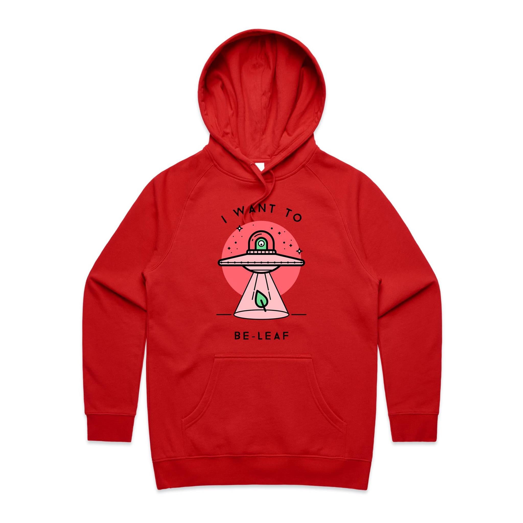 I Want To Be-Leaf, UFO - Womens Hoodie Red Womens 2XL Womens Hoodie Printed In Australia Sci Fi