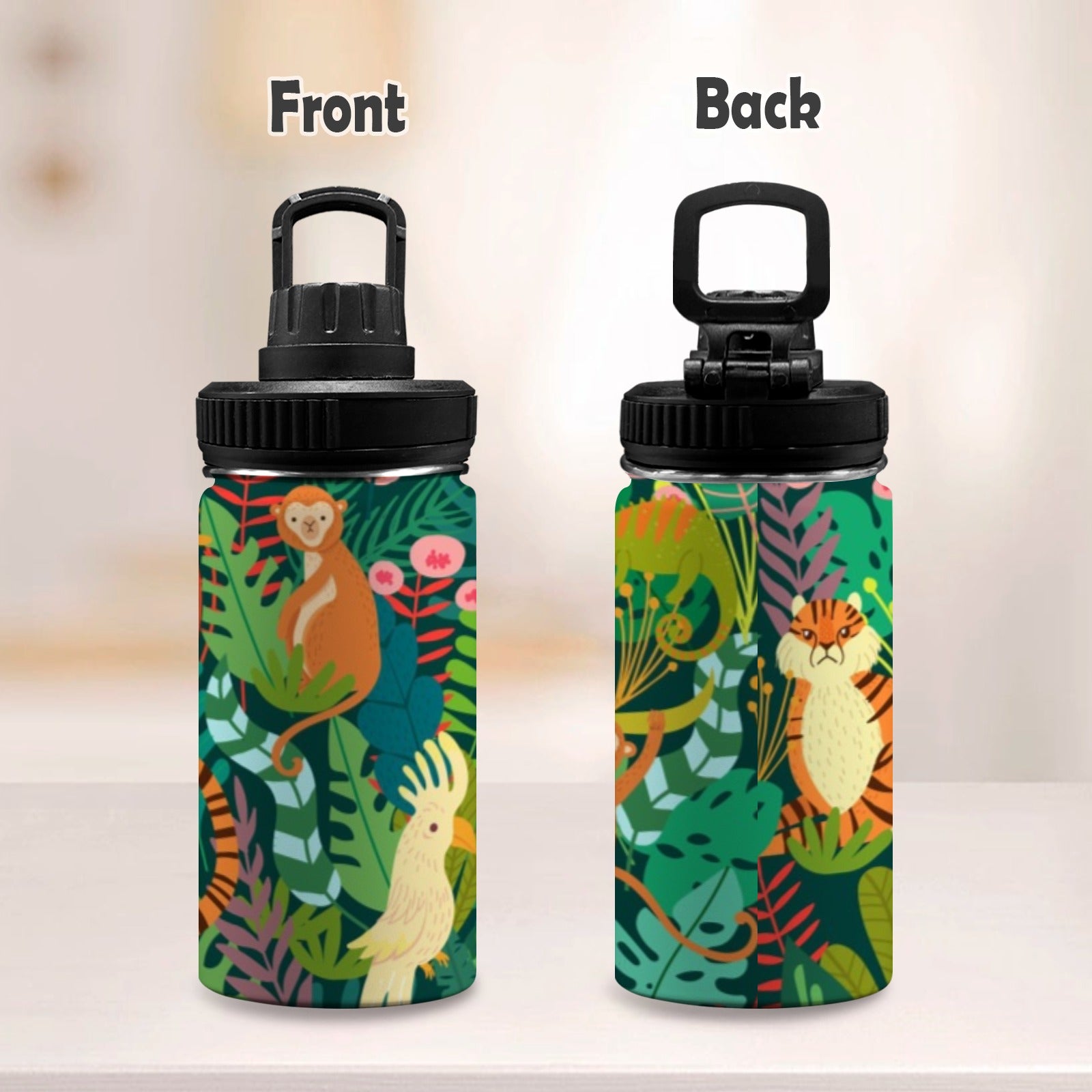 Tropical Jungle Animals - Kids Water Bottle with Chug Lid (12 oz) Kids Water Bottle with Chug Lid animal Printed Offshore