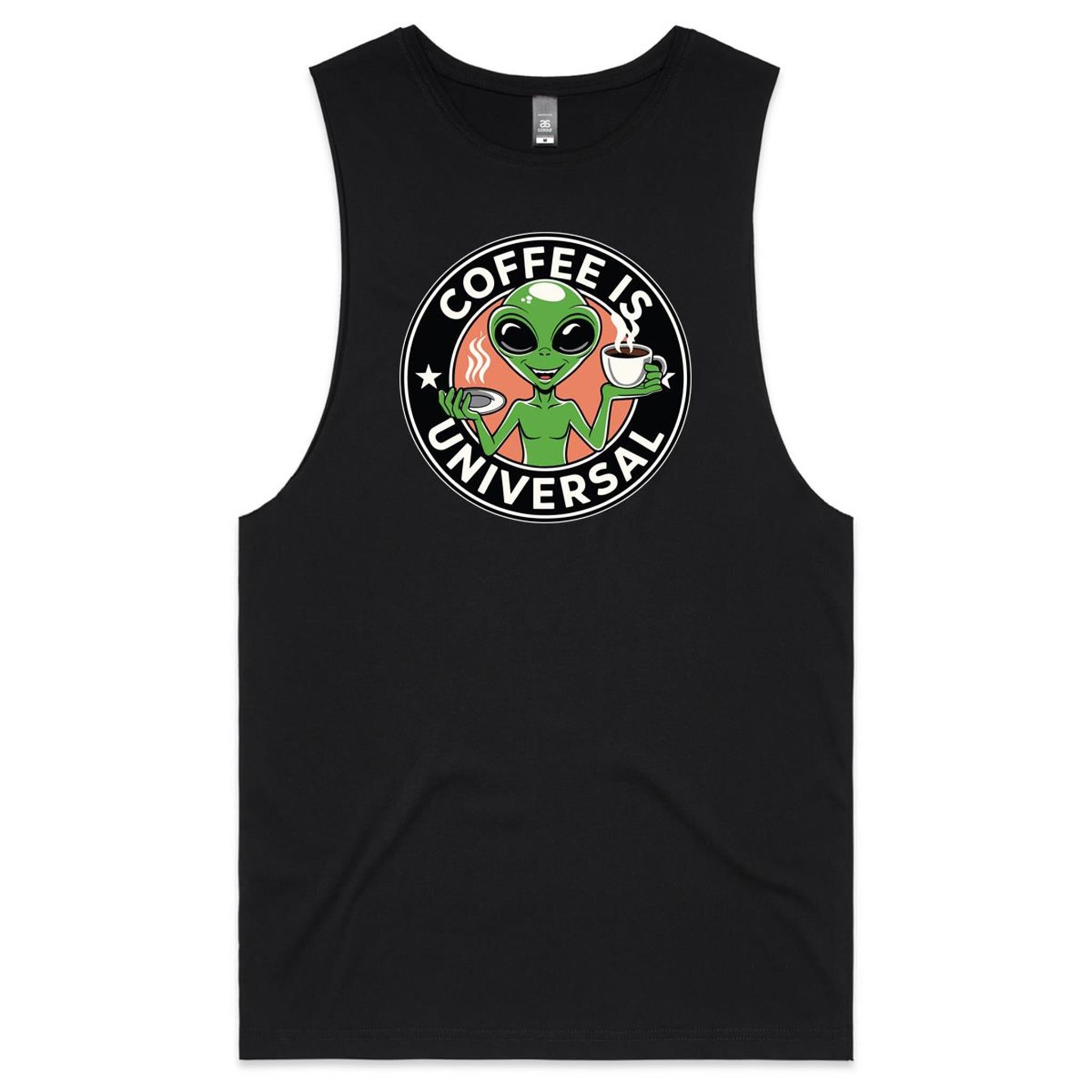 Alien, Coffee Is Universal - Mens Tank Top Tee Black Drop Arm Tank Top Coffee Printed In Australia Sci Fi