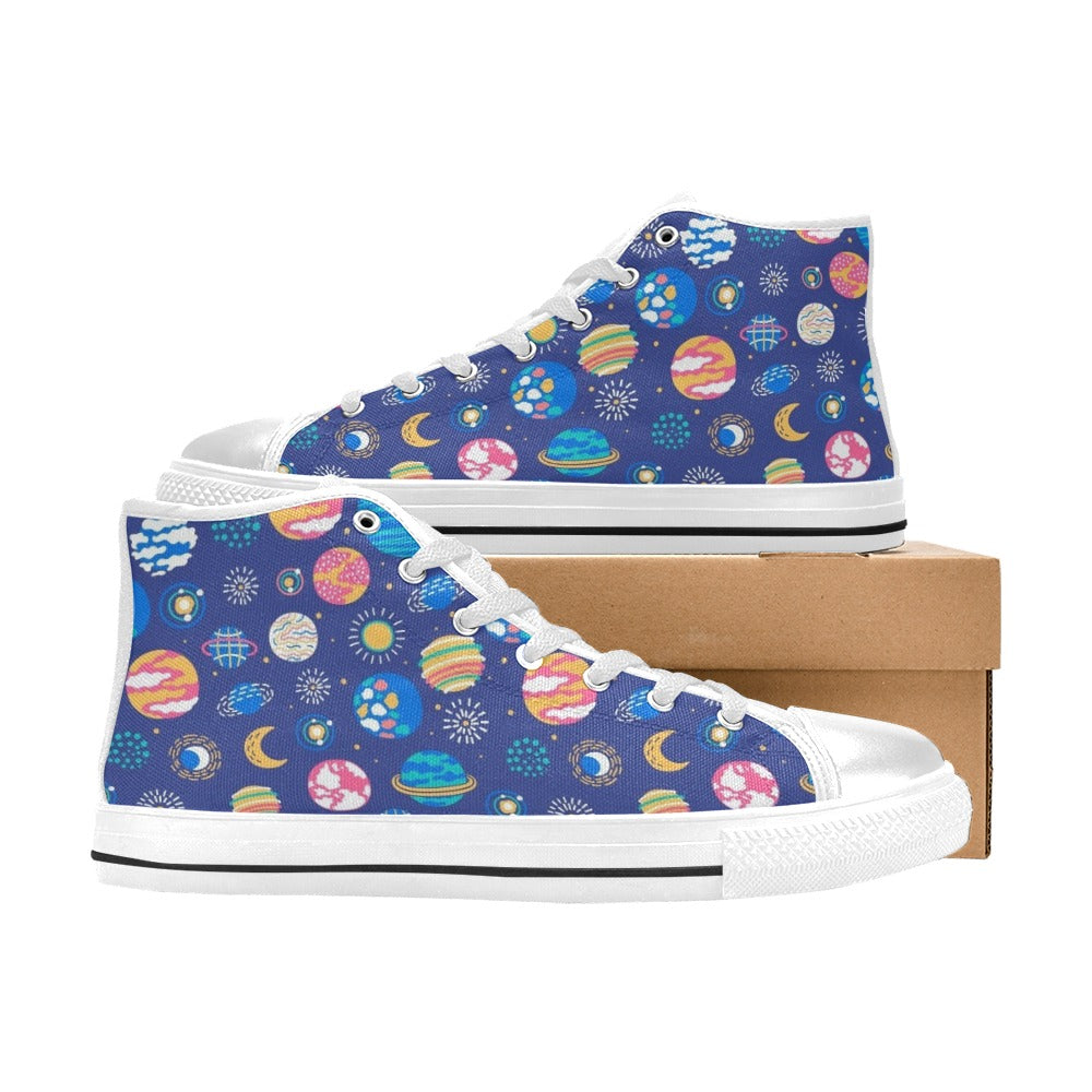 Planets On Blue Men's High Top Canvas Shoes Men's Classic High Top Canvas Shoes Printed Offshore Space