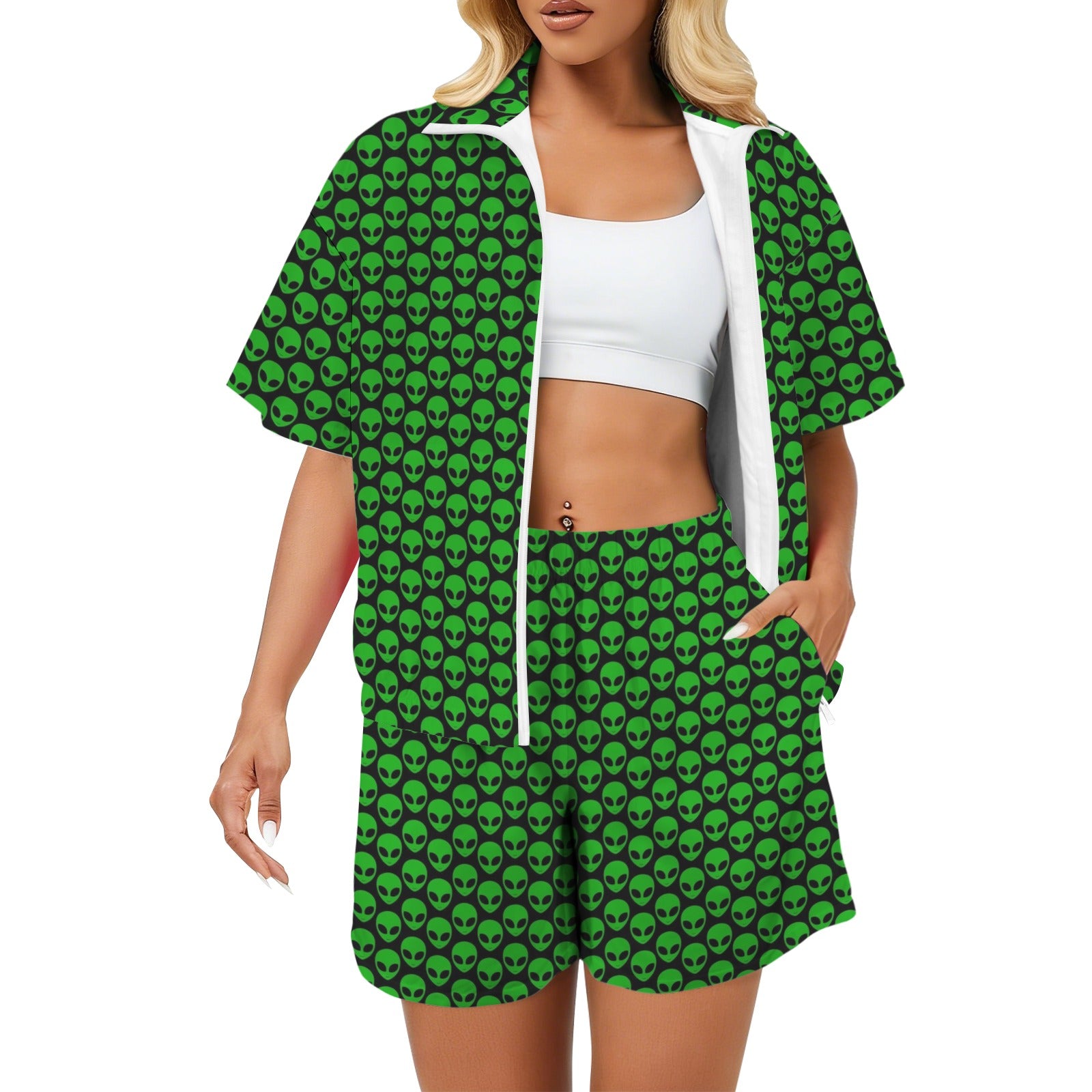 Aliens Women's Windbreaker Short Set 2XL Women's Windbreaker Short Set Printed Offshore Sci Fi