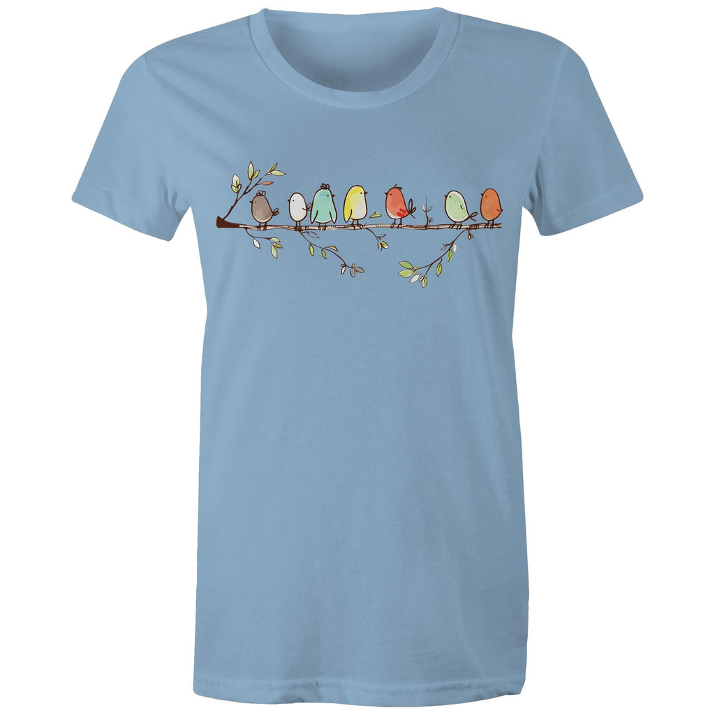 Birds On A Branch - Womens T-shirt Carolina Blue Womens T-shirt animal Printed In Australia