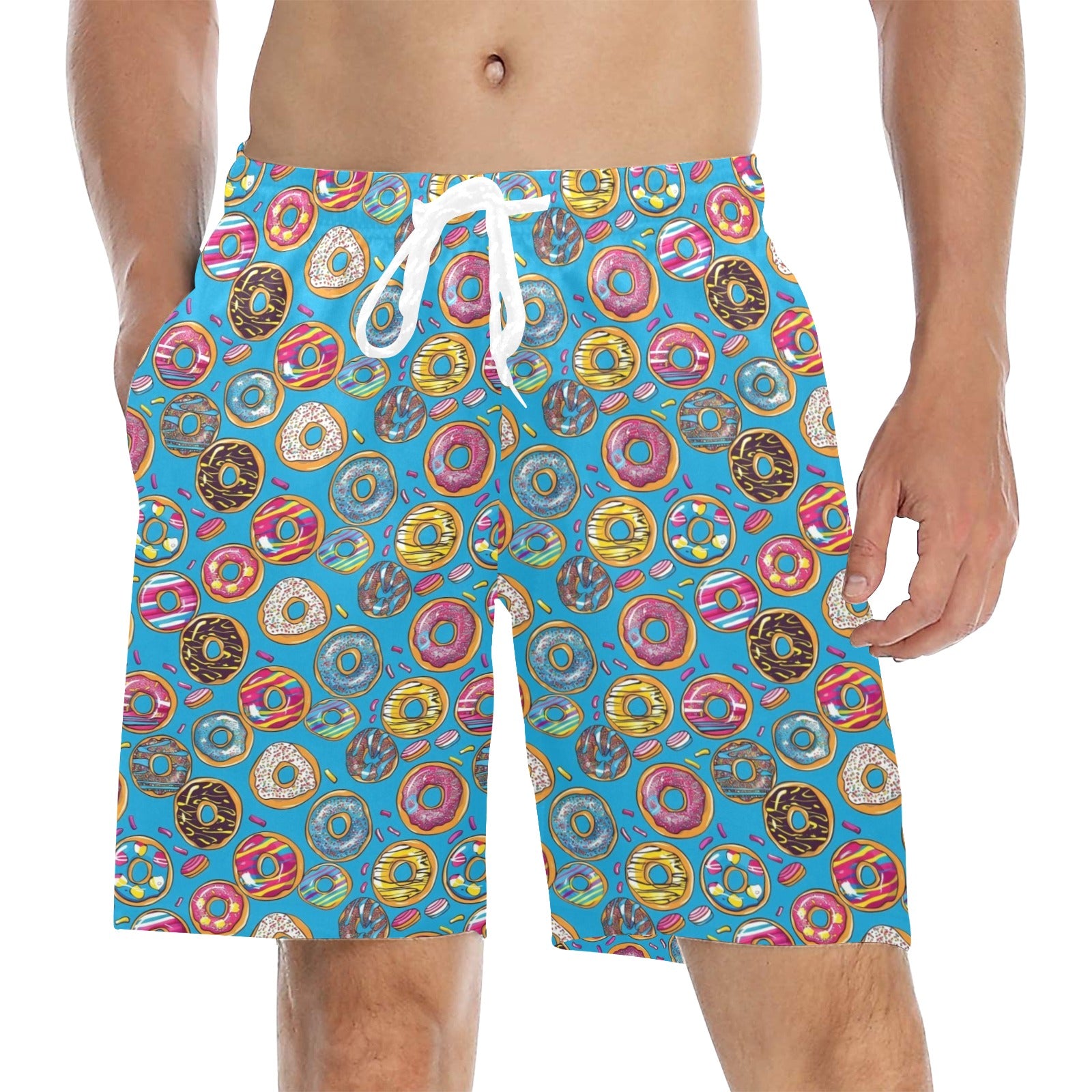 Doughnuts On Blue Men's Mid-Length Beach Shorts 5XL Men's Mid-Length Beach Shorts Food Printed Offshore