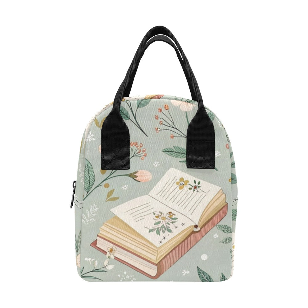 Books And Flowers In Green - Zipper Lunch Bag One Size Zipper Lunch Bag Printed Offshore