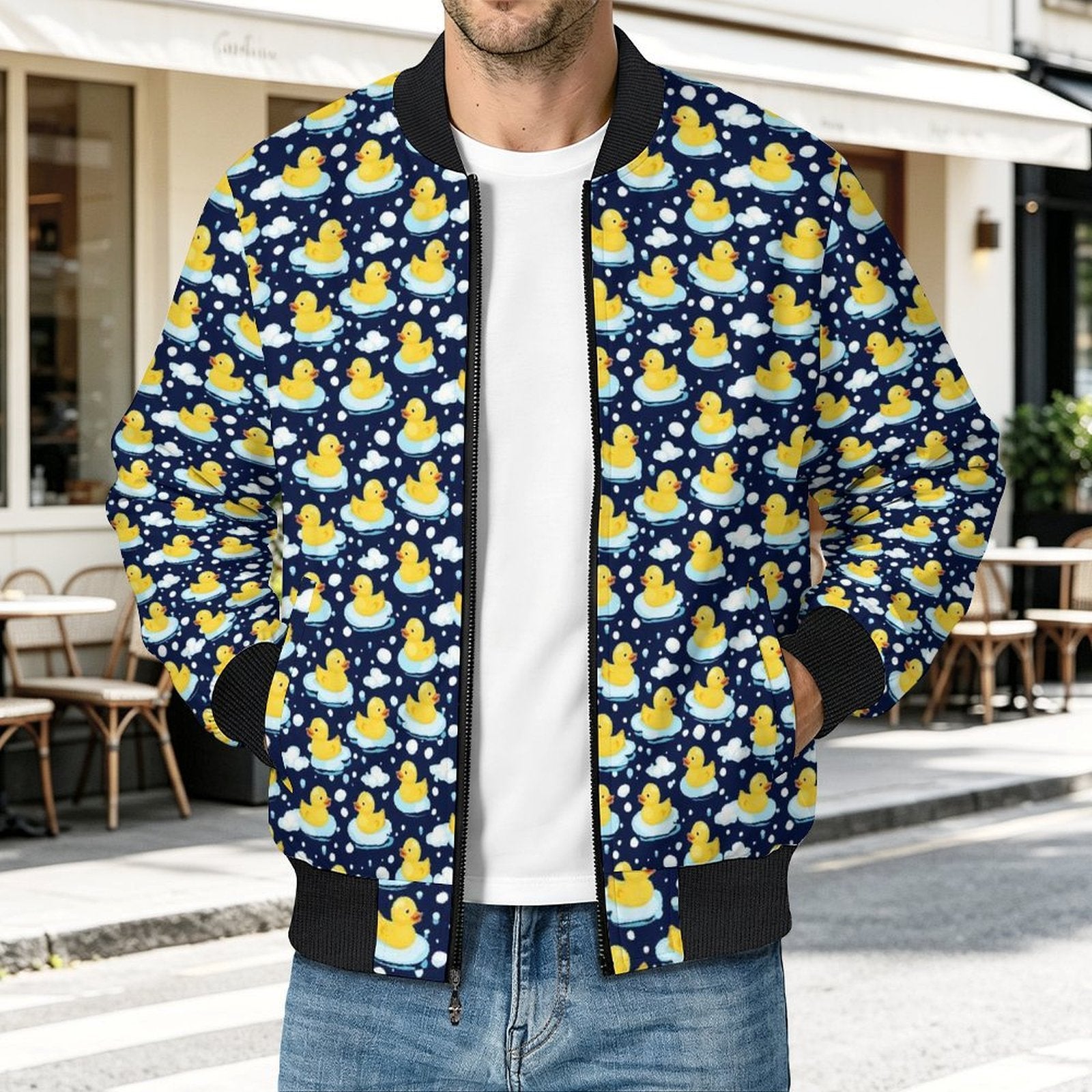 Rubber Ducks On Dark Men's Casual Zip‑Up Bomber Jacket