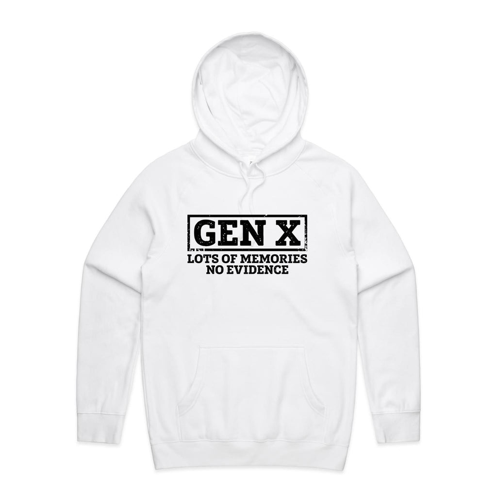 Gen X, Lots Of Memories, No Evidence Men's AS Colour Hoodie White Mens Hoodie Printed In Australia