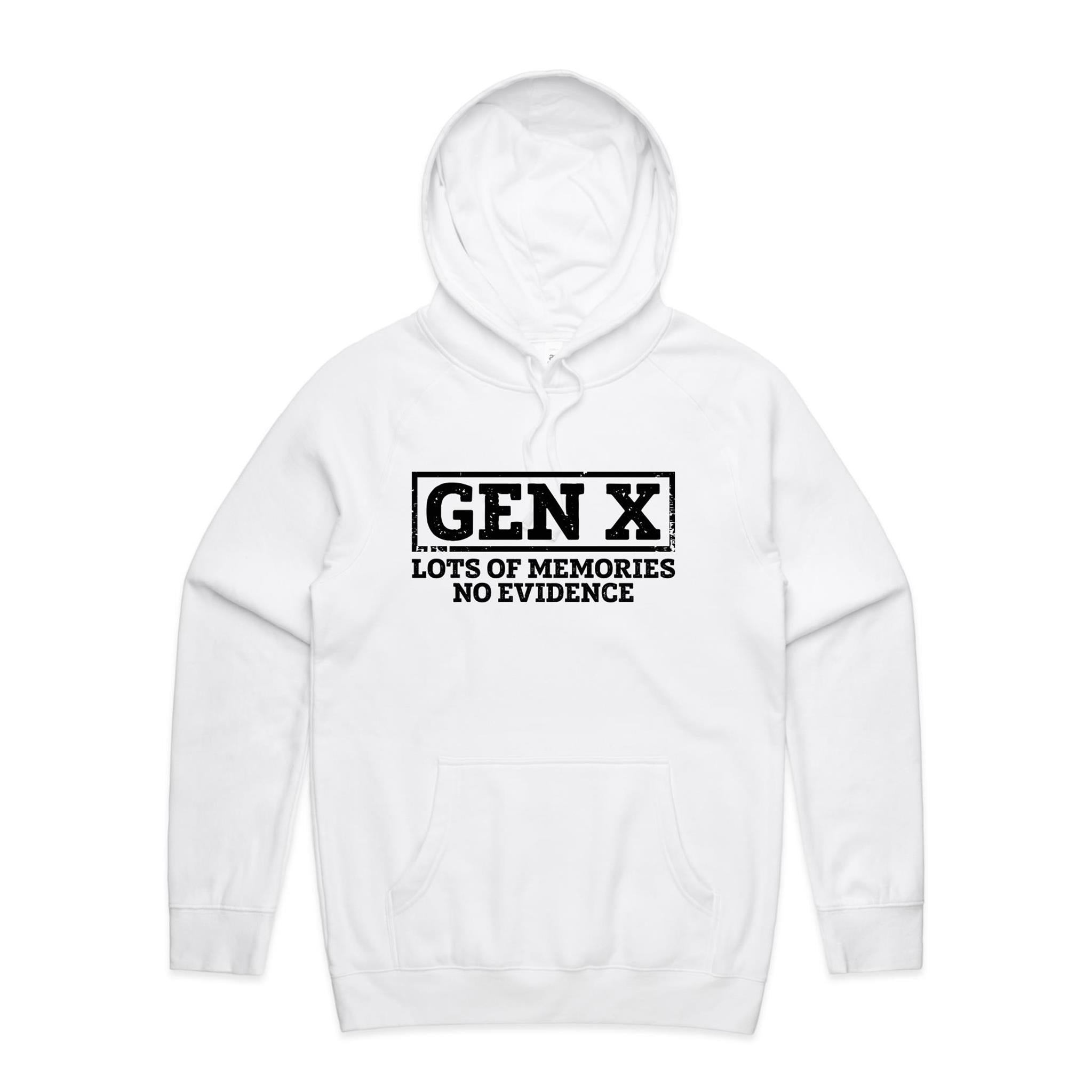 Gen X, Lots Of Memories, No Evidence Men's AS Colour Hoodie White Mens Hoodie Printed In Australia