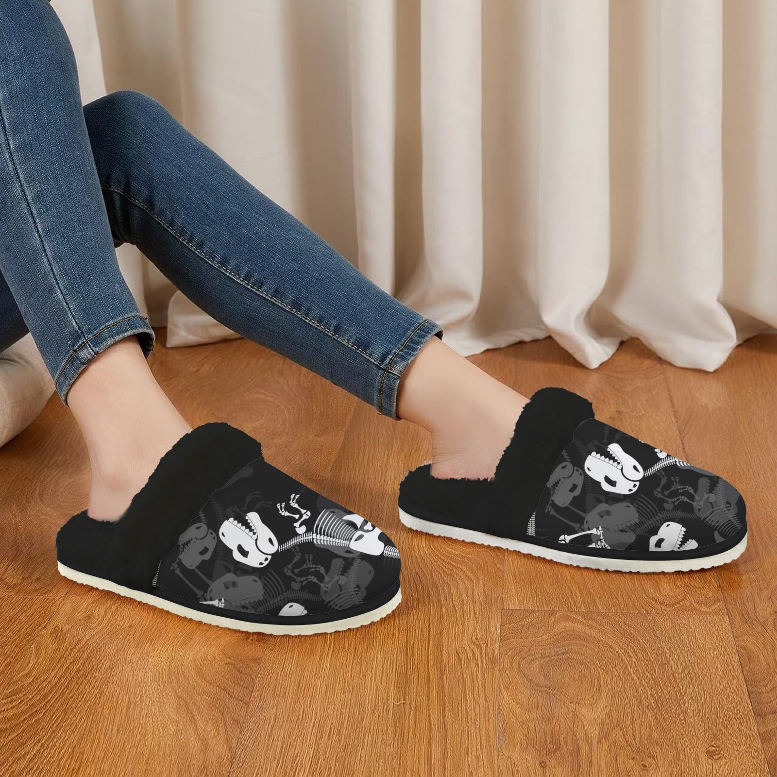 Dinosaur Skeleton Women's Fur Trim Thick-Sole Indoor Slippers Women's Fur Trimmed Slippers animal Printed Offshore