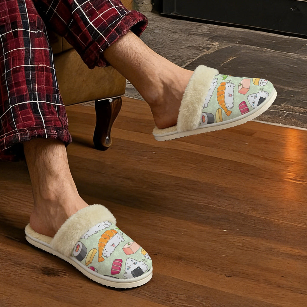 Funny Sushi Men's Fur Trim Thick-Sole Indoor Slippers Men's Fur Trimmed Slippers Food Printed Offshore