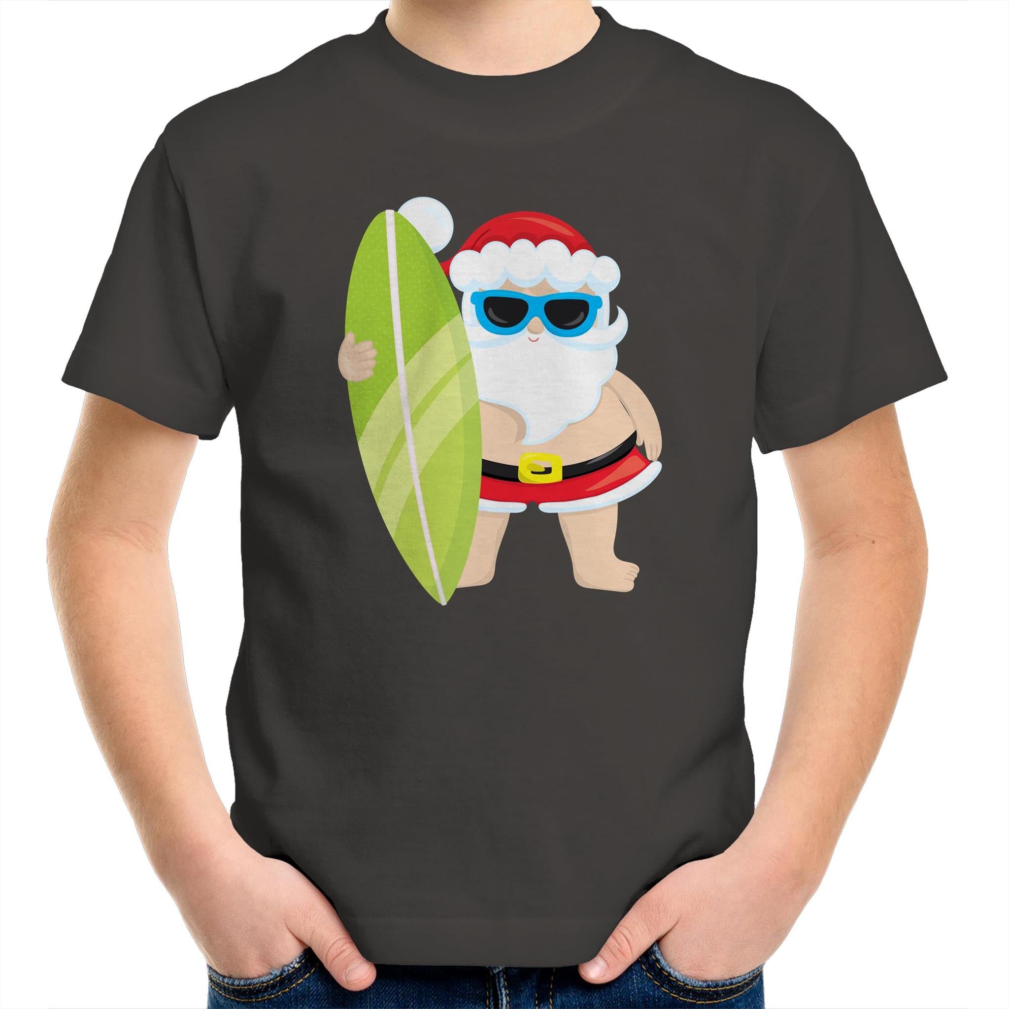 Surf Summer Santa - Kids Youth T-Shirt Charcoal Kids Christmas T-shirt Christmas Printed In Australia