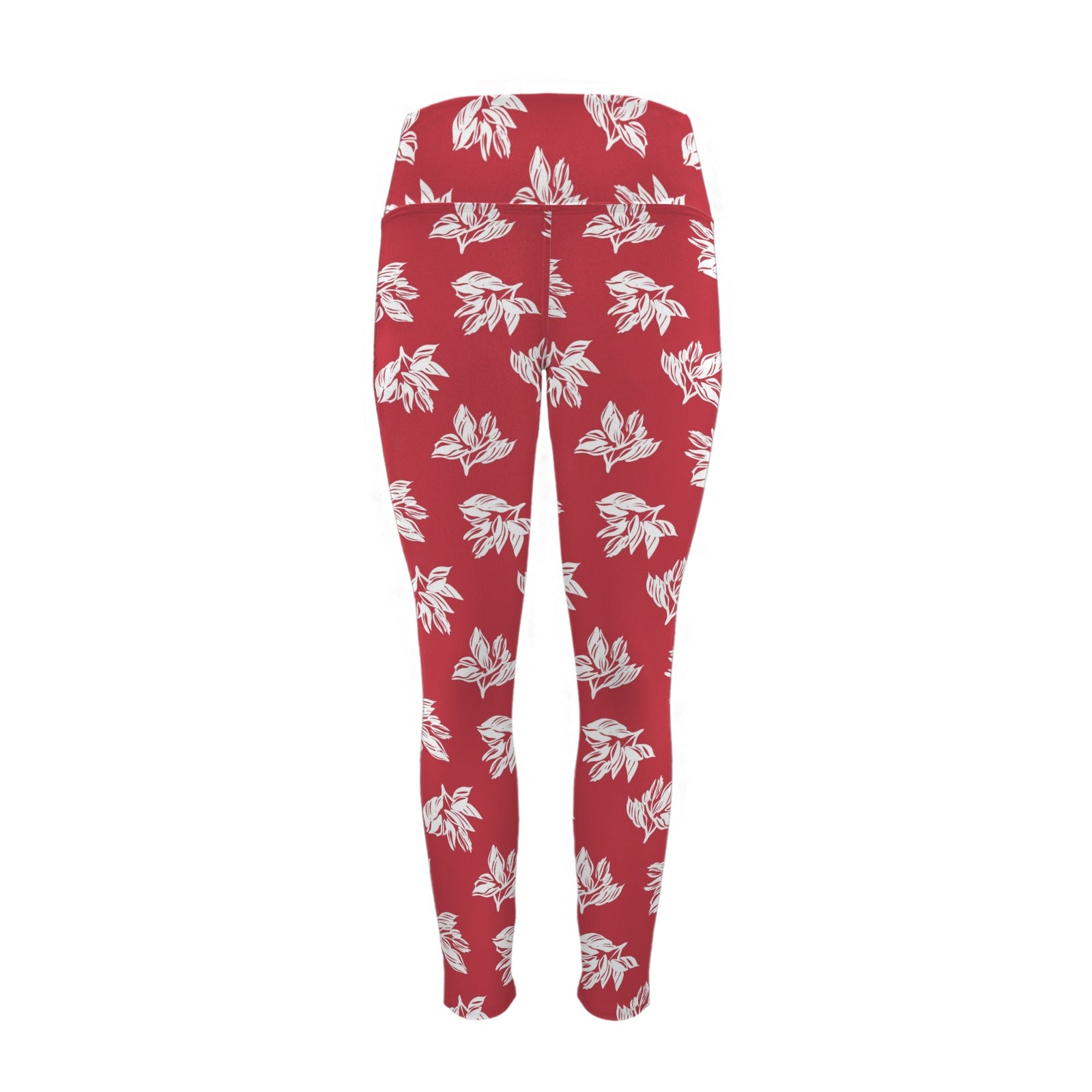 Red Retro Foliage - Women's High Waist Pockets Yoga Leggings