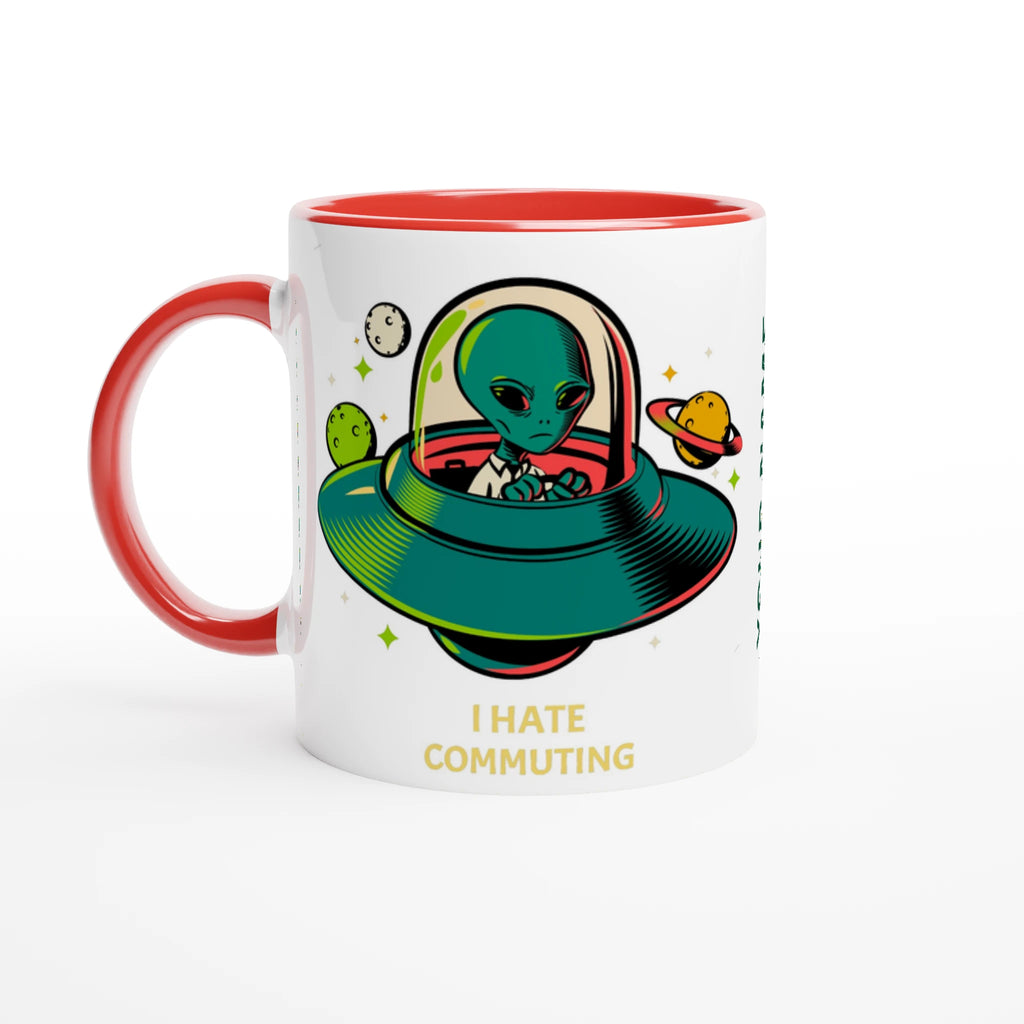 Personalise - Alien Commute, UFO - White 11oz Ceramic Mug Ceramic Red Personalised Mug customise Globally Fulfilled personalise Sci Fi