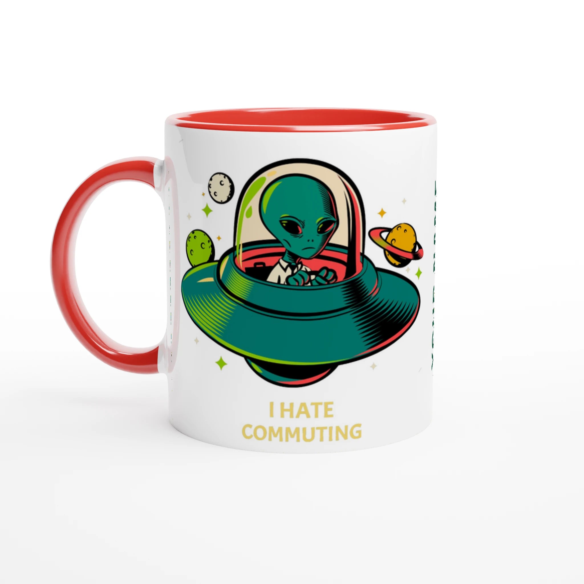 Personalise - Alien Commute, UFO - White 11oz Ceramic Mug Ceramic Red Personalised Mug customise Globally Fulfilled personalise Sci Fi