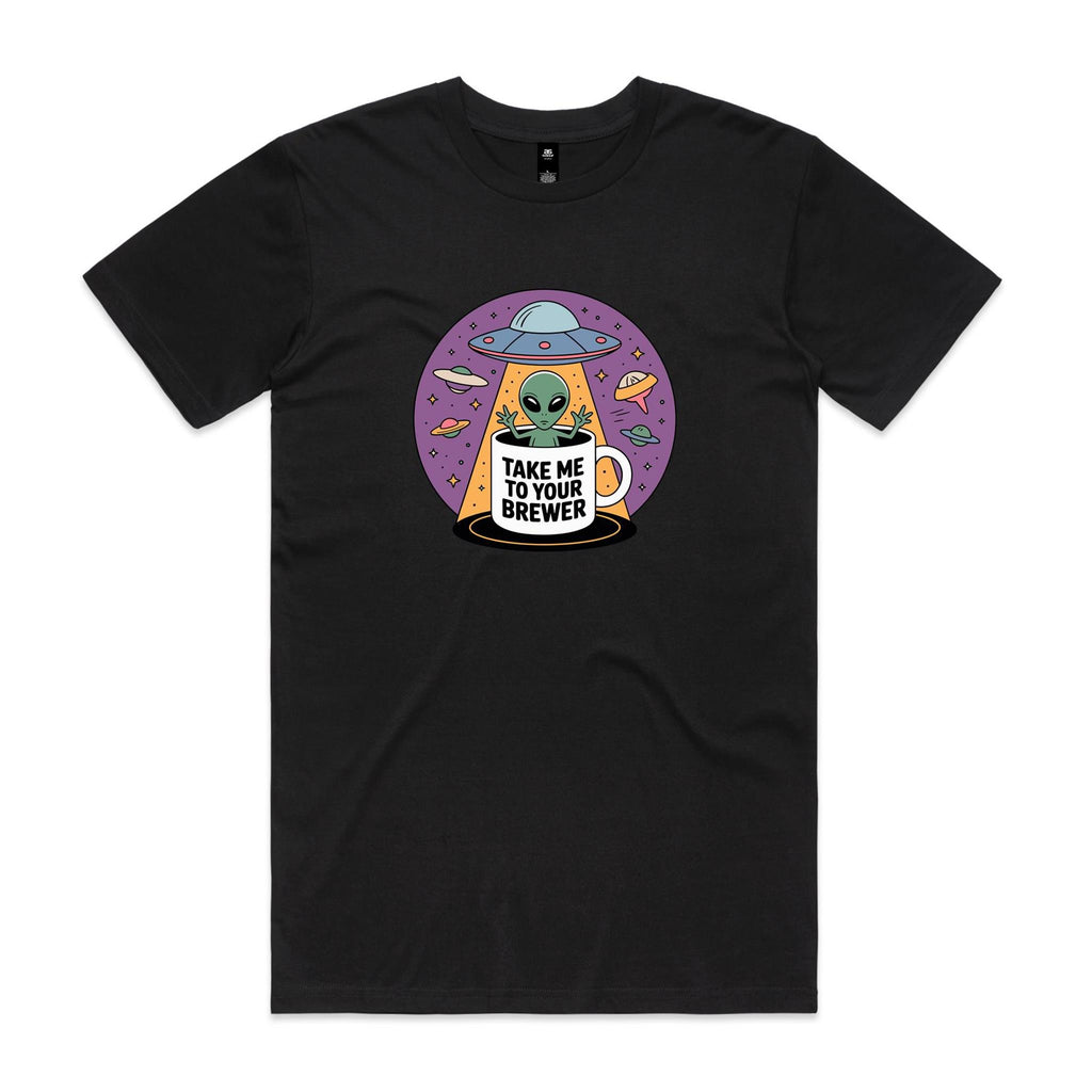 Coffee, Alien, UFO, Take Me To Your Brewer Men's AS Colour T-shirt Black Mens T-shirt Coffee Printed In Australia Sci Fi