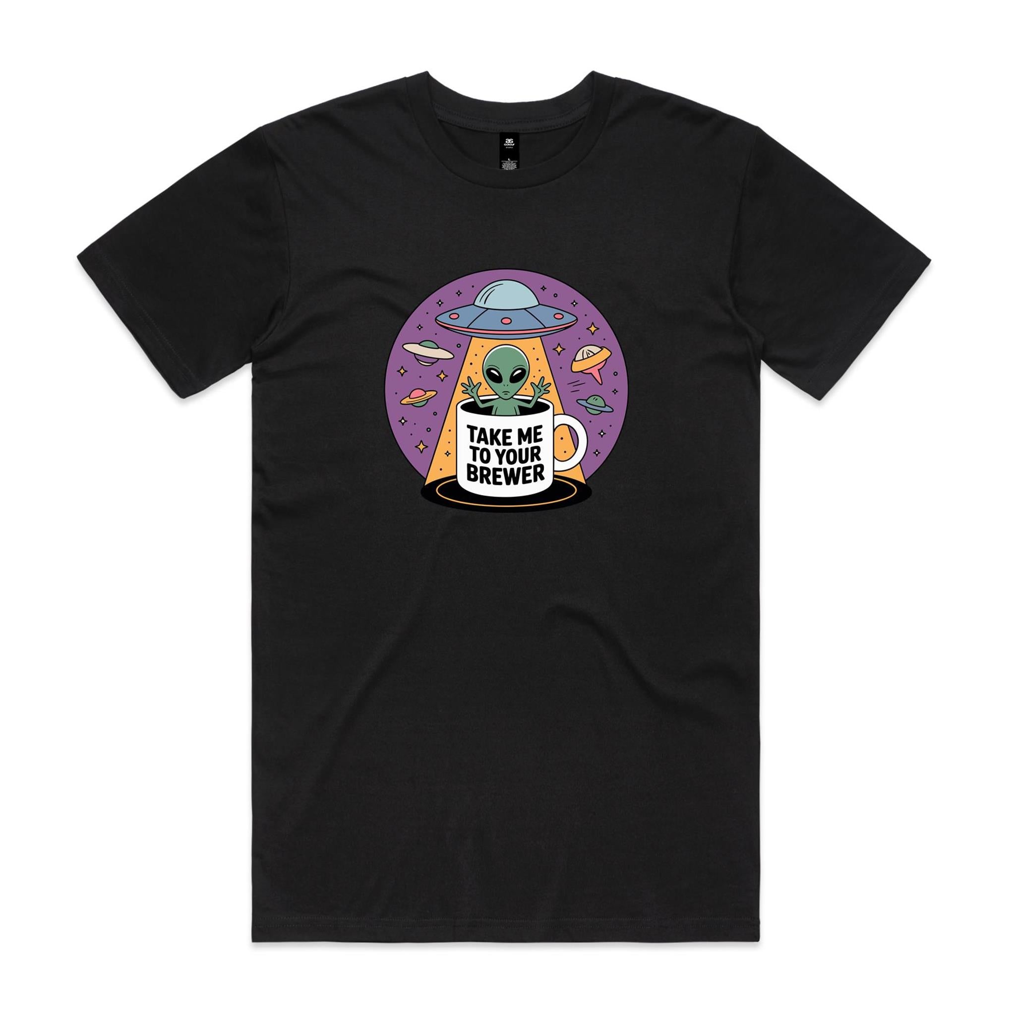 Coffee, Alien, UFO, Take Me To Your Brewer Men's AS Colour T-shirt Black Mens T-shirt Coffee Printed In Australia Sci Fi