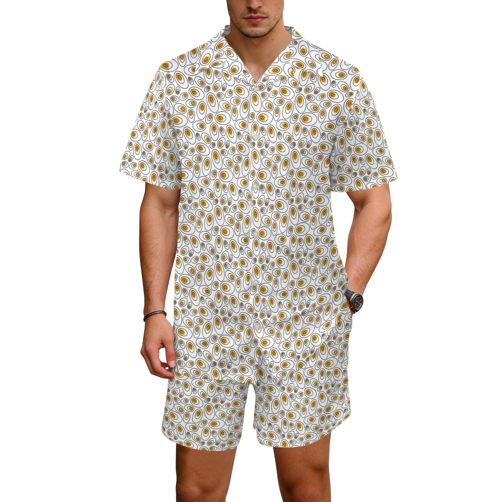 Abstract Eggs Men's Hawaiian Shirt & Shorts Set Men's Hawaiian Shirt & Shorts Set Food Printed Offshore