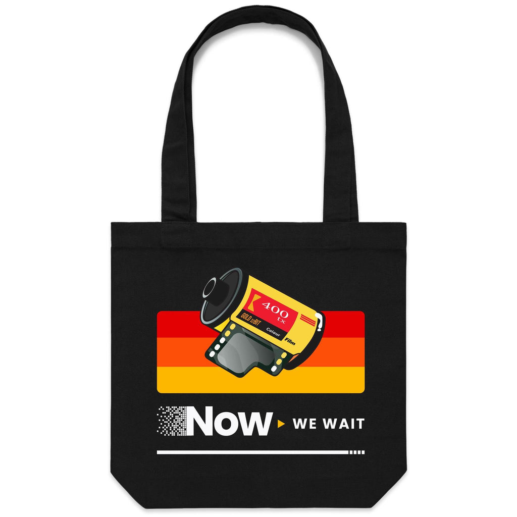 Camera Film, Now We Wait Canvas Tote Bag Black One Size Tote Bag Printed In Australia Retro