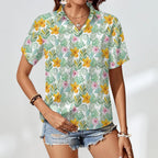 Tropical Flowers And Leaves Women's Short-Sleeve Button Up Shirt Women's Short-Sleeve Button Up Shirt Plants Printed Offshore