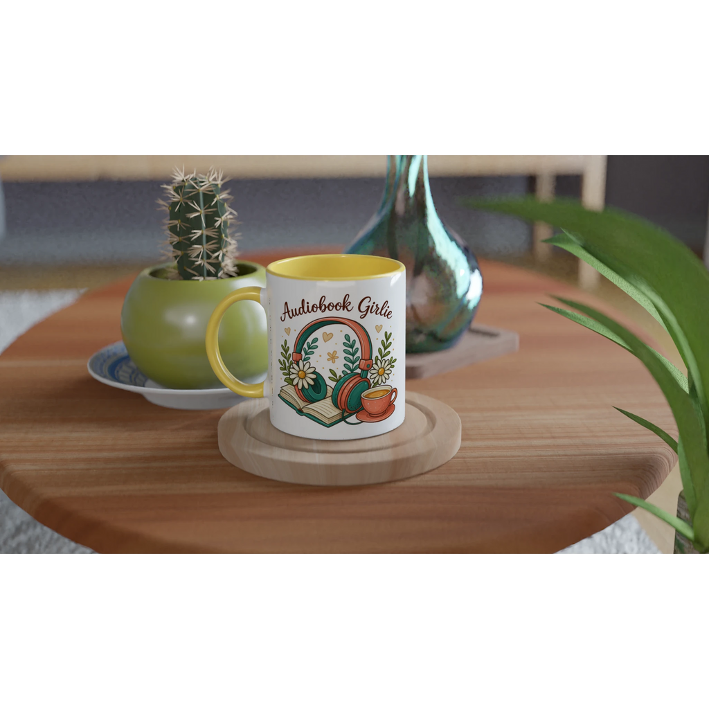 Audiobook Girlie - White 11oz Ceramic Mug with Colour Inside Colour 11oz Mug Globally Fulfilled Reading