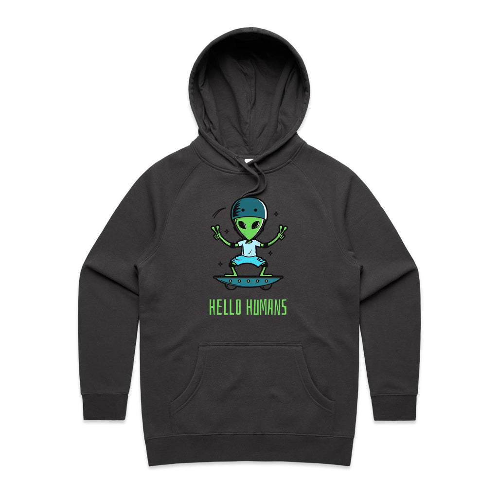 Alien, Hello Humans - Womens Hoodie Coal Womens Hoodie Printed In Australia Sci Fi
