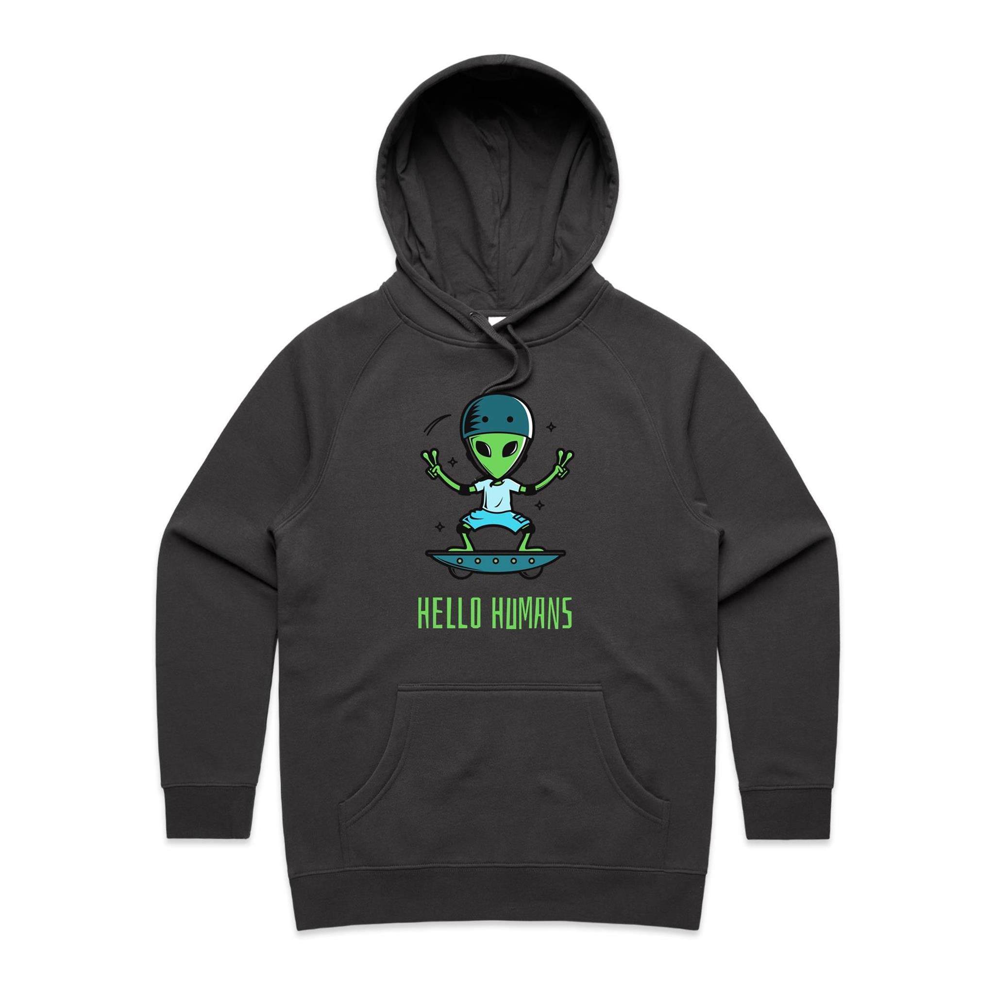 Alien, Hello Humans - Womens Hoodie Coal Womens Hoodie Printed In Australia Sci Fi