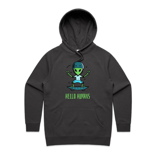 Alien, Hello Humans - Womens Hoodie Coal Womens Hoodie Printed In Australia Sci Fi