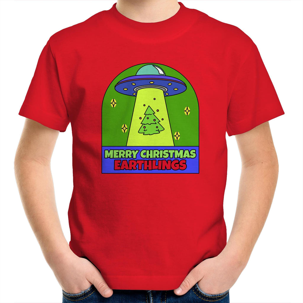 Merry Christmas Earthlings, UFO - Kids Youth T-Shirt Red Kids Christmas T-shirt Christmas Printed In Australia