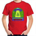 Merry Christmas Earthlings, UFO - Kids Youth T-Shirt Red Kids Christmas T-shirt Christmas Printed In Australia
