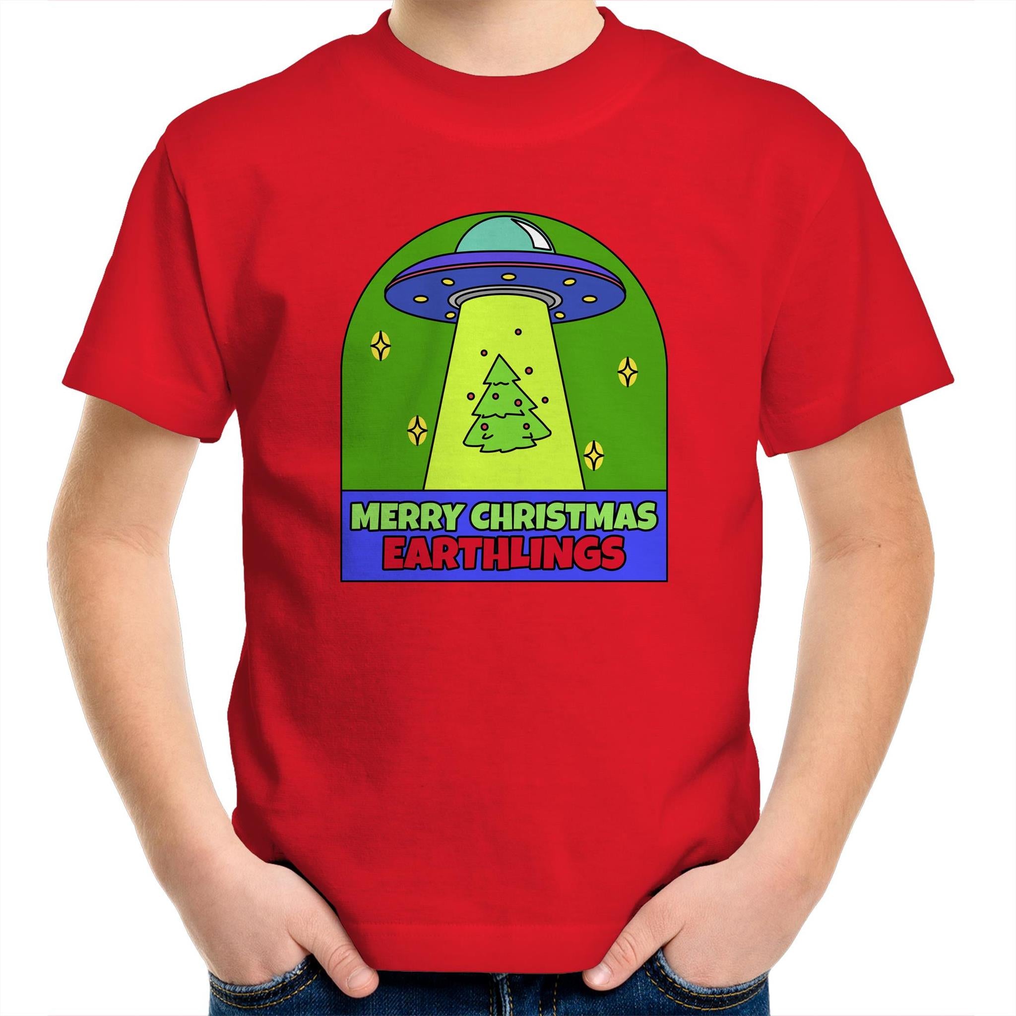 Merry Christmas Earthlings, UFO - Kids Youth T-Shirt Red Kids Christmas T-shirt Christmas Printed In Australia