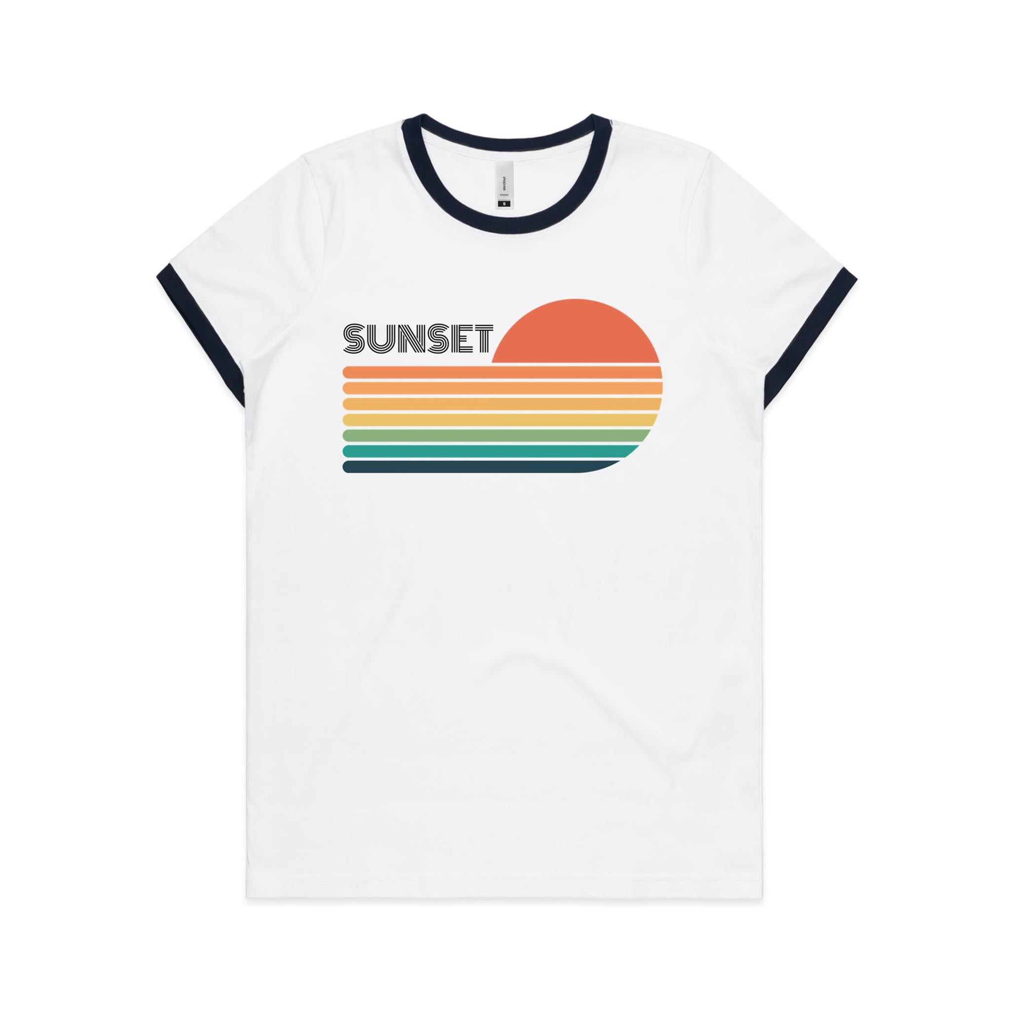 Retro Sunset - Women's Ringer Tee White Navy Womens Ringer T-shirt Printed In Australia Retro